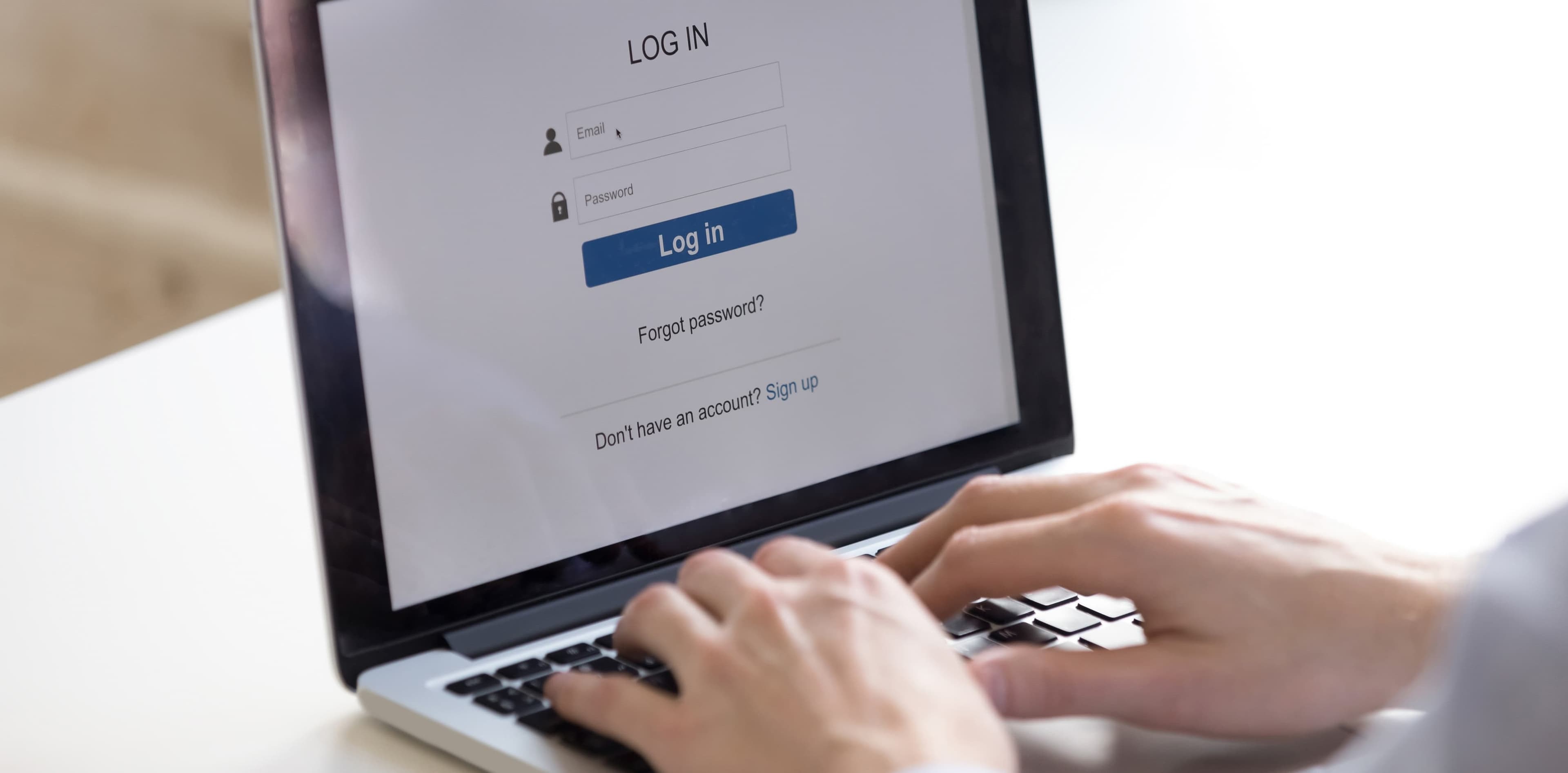 Person using access window to log in or to create new web account. Enter login and password. Cyber protection. Information privacy. Internet and technology concept. Screen close up back view